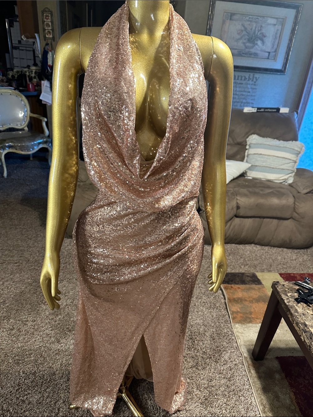 Sequined Cowl Halter Prom Dress in Rose Gold